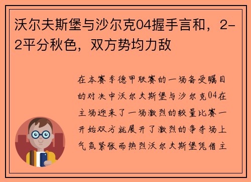 沃尔夫斯堡与沙尔克04握手言和，2-2平分秋色，双方势均力敌