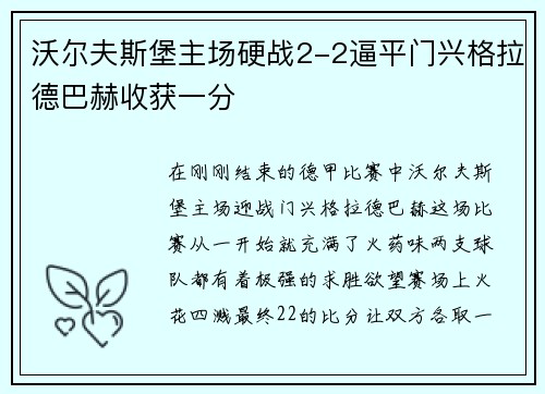 沃尔夫斯堡主场硬战2-2逼平门兴格拉德巴赫收获一分