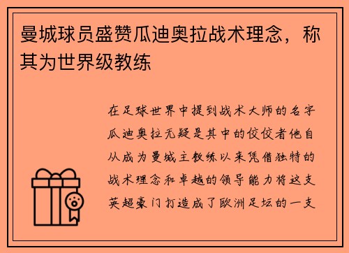 曼城球员盛赞瓜迪奥拉战术理念，称其为世界级教练